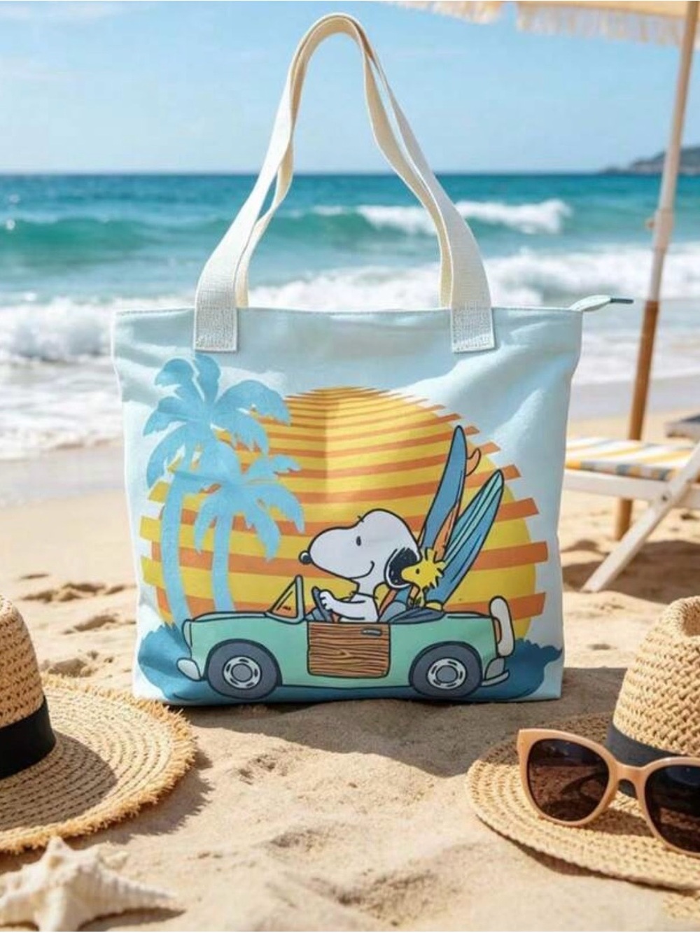 Source Unknown Cream Tote with Snoopy & Yellow Sunset Graphic